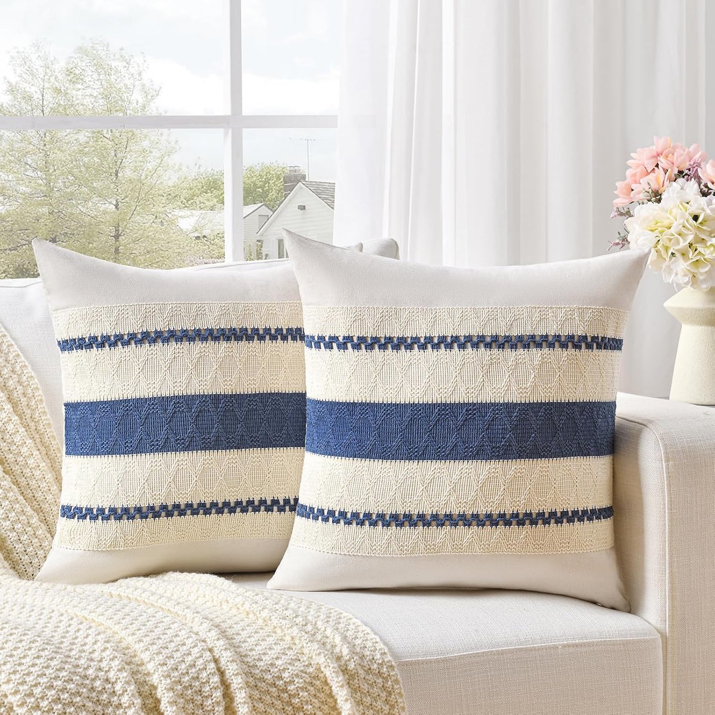 Fancy Homi Set of 2 Dusty Blue Vintage Euro Decorative Throw Pillow Cover 26x26 Inch for Couch Bed Sofa Chair Bedroom, Rustic Retro Square Cushion Case, Modern Farmhouse Boho Living Room Decor Indoors