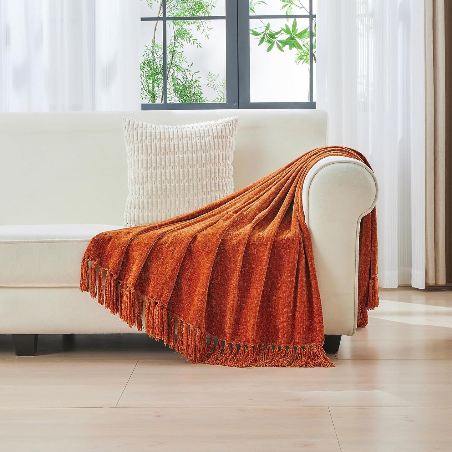 CozeCube Chenille Throw Blanket for Couch, Cozy Plush Fuzzy Decorative Rust Orange Blanket with Fringe Tassels, Lightweight Throws for Bed Sofa Gift Home Decor, 50"X60"