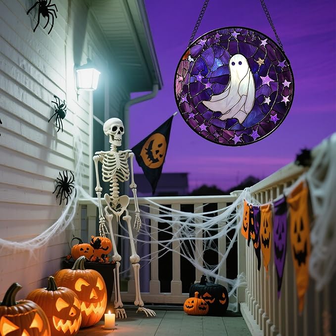 Stained Glass Window Hanging - Halloween Decoration Purple Star White Ghost Suncatcher for Doors Garden Indoor Spooky Sun Catchers Gothic Decor Horror Gifts for Women Men Friend 6.3 in