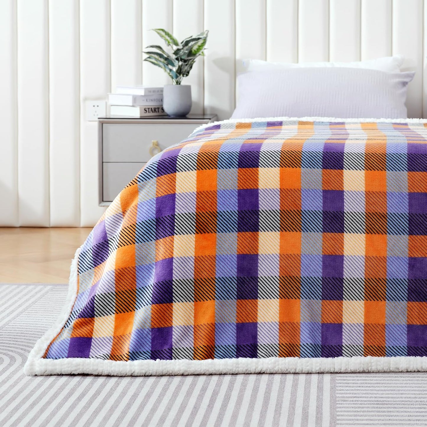 BEAUTEX Sherpa Fleece Flannel Throw Blanket, Fall Super Soft Warm Checkered Plaid Plush Blankets and Throws, Warm Autumn Winter Cozy Fuzzy Blanket for Couch Sofa Bed (Orange and Purple, 50" x 60")