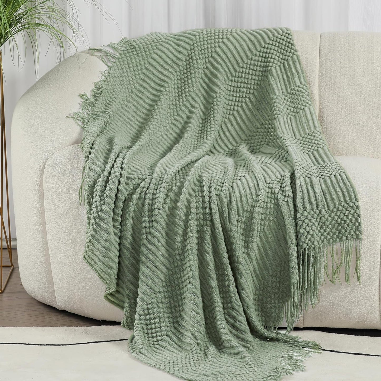 Blagic Knitted Throw Blanket for Couch, Bed and Sofa. Super Soft Blanket with Tassels, Sage Green Throw Blanket, 60 x 80 Inches Lightweight & Cosy Home Decor