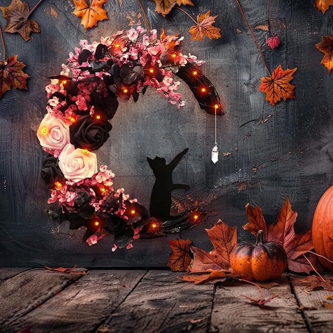 Halloween Wreaths For Front Door, Flower Moon Cat Halloween Home Decoration, Halloween Family Gathering Decoration Wreath，Outdoor, Wall, Closet, Fence, Wreath Halloween (Pink)