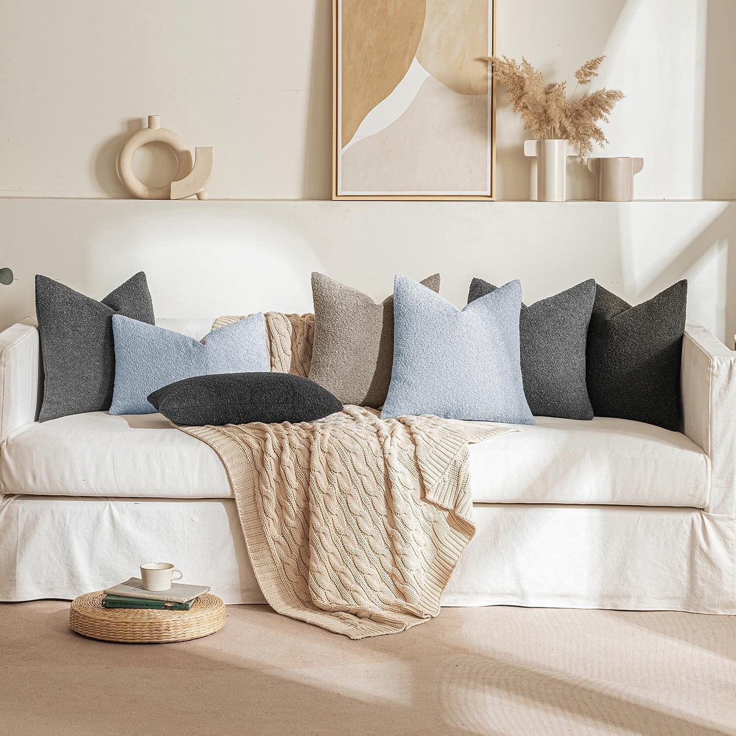 MIULEE 22x22 Inch Decorative Euro Sham Throw Pillows for Bed Set of 2 Textured Boucle Neutral Winter Throw Pillow Covers Light Blue Accent Solid Euro Couch Pillowcases Sofa Livingroom Home Decor