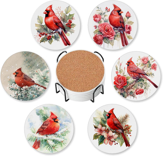 Coasters for Drinks Absorbent with Holder,Bird Cardinal Sets of 6 Durable Cup Coaster for Coffee Table Protection,Great Housewarming Birthday Gifts,Home Decor