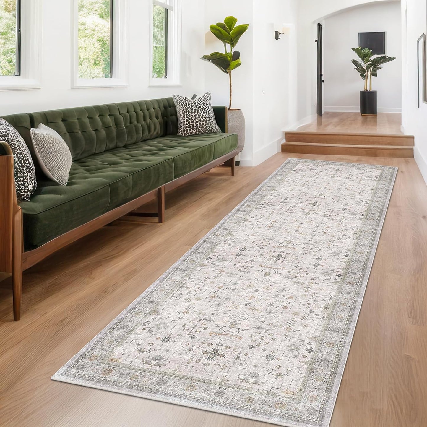 Light Gray Washable 2'6"x10' Wide Hallway Runners, Kitchen Runner Rug, Non-Slip & Stain Resistant 10ft Long Floor Rug, Neutral Boho Floral Décor