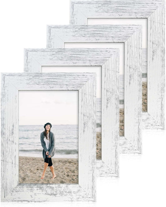 iRahmen 4x6 Picture Frame Set of 4, High Definition Glass Distressed White Frame, 4 x 6 Wood Photo Frames for Tabletop Display and Wall Mounting