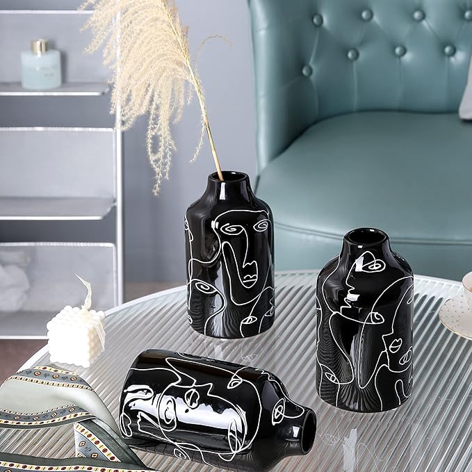Kimdio Ceramic Vase Irregular face Design Decorative Flower Vase for Home Decor Living Room, Home, Office, Centerpiece,Table and Wedding B-Black