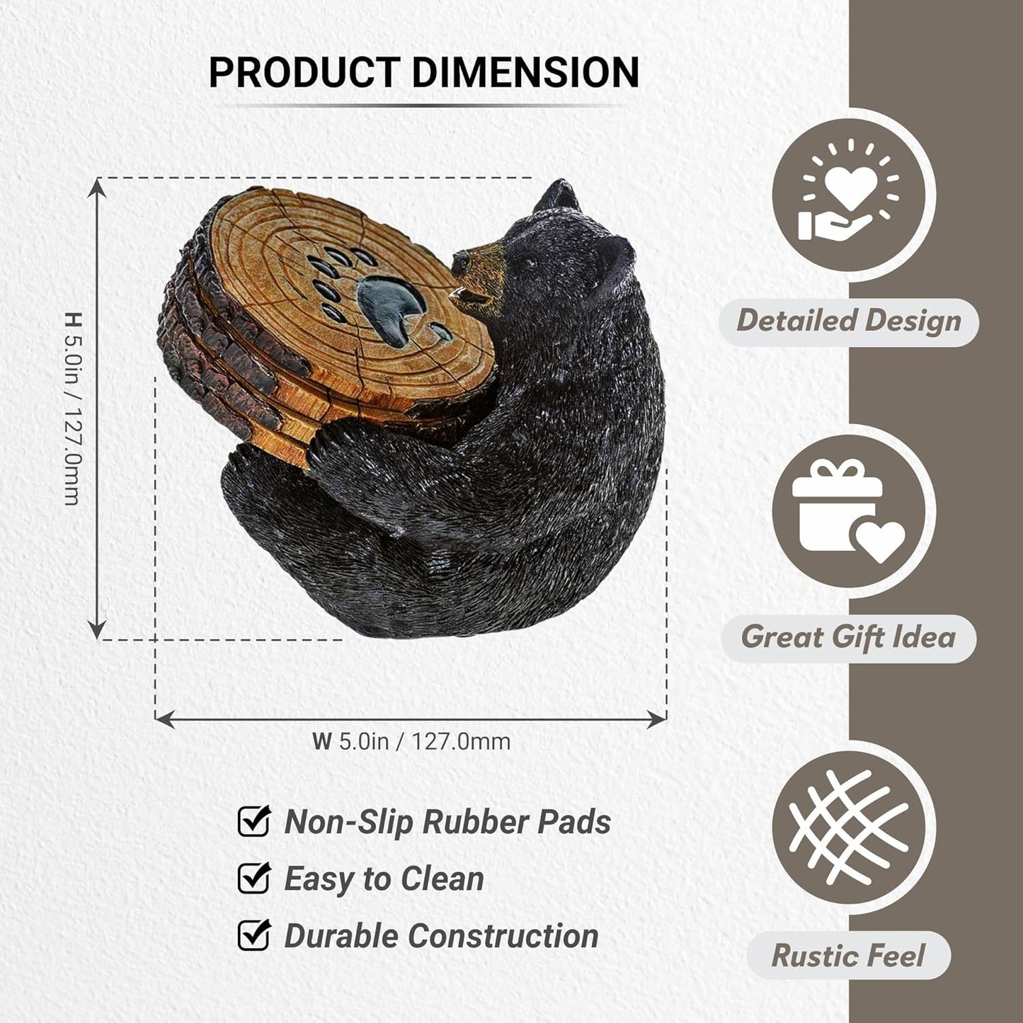 Black Bear Drink Coaster Set of 5 with Rubber Pad Base - Cool Rustic Home Table Beer and Beverage Coaster with Holder