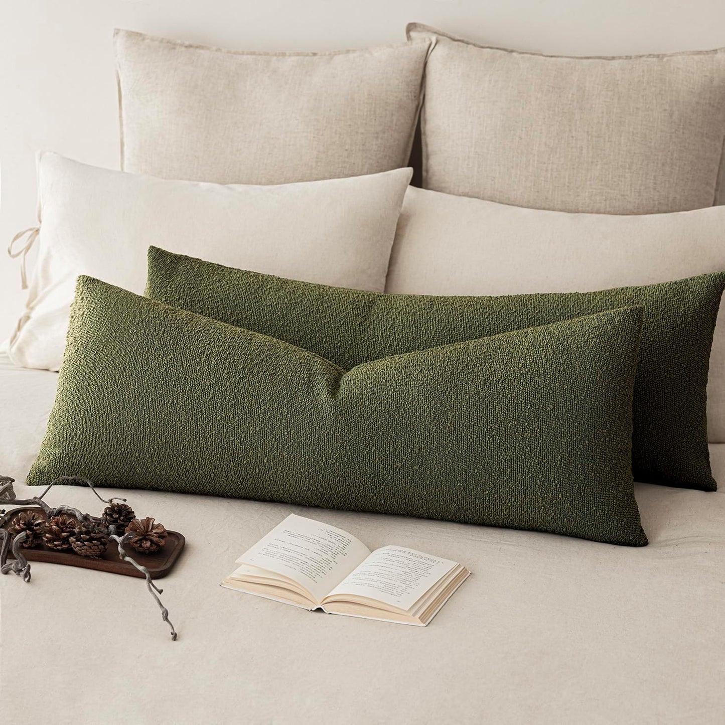 Foindtower Decorative Textured Boucle Throw Pillow Covers Accent Solid Pillow Cases Neutral Long Body Lumbar Couch Cushion Case for Chair Sofa Bedroom Living Room Home Decor 14x36 Inch,1PC,Moss Green
