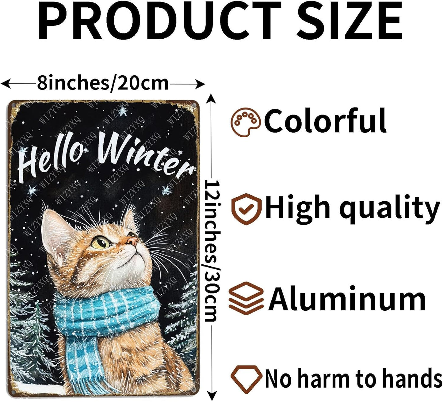 Hello Winter Cat Metal Signs Pine Trees Snowflakes Tin Signs Aluminum Sign for Home Farmhouse Office Outdoor Kitchen 12×8 Inch