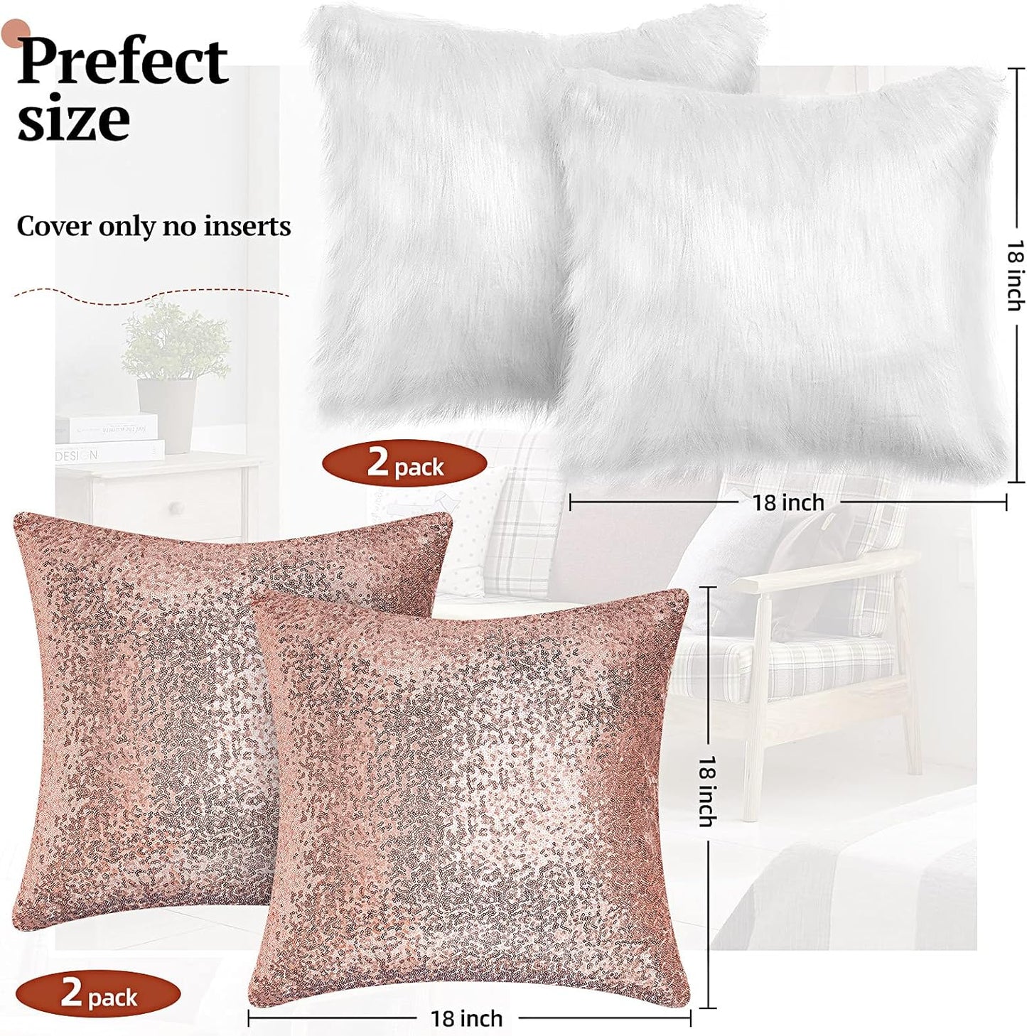 Irenare 4 Pcs Sequin and Fluffy Pillow Covers Winter Throw Pillow Cases Soft Cushion Cover for Couch Bed Sofa Xmas Day (White, Rose Gold,18 x 18 Inch)