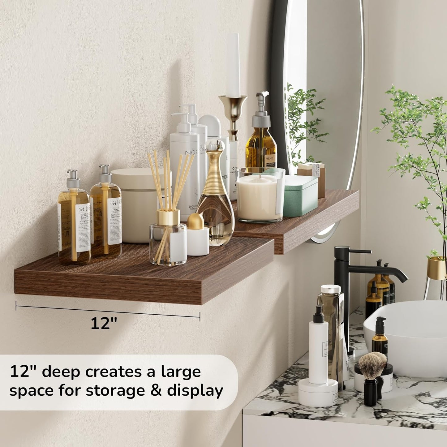 Fun Memories Floating Shelves - 2 Pack 12 Inch Rustic Wooden Wall Shelves - Extra Deeper & Thicker Wall Mounted Storage Shelf for Living Room, Kitchen, Farmhouse - 16" W x 12" D x 1.5" H - Walnut