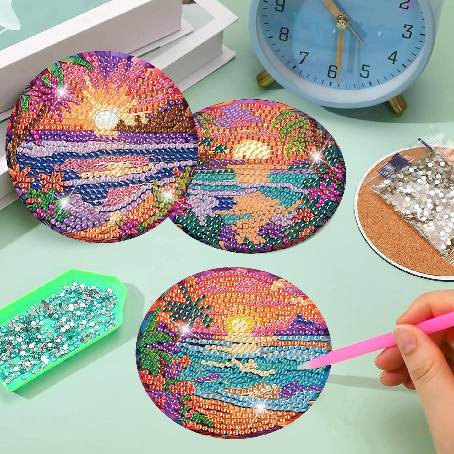 Meothan 8 Pcs Diamond Art Coasters kit with Holder Cork Pads, Diamond Dot Art Painting Coasters Kit for Adults (Sunset Beach)