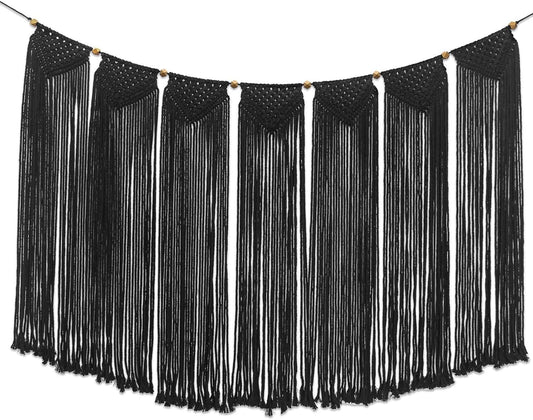 Flexzion Macrame Wall Decor Hanging Boho Hand Woven Tapestry Art Bunting Banner Bohemian Wall Decor for Home Bedroom Living Room Rustic Hippie Garland Baby Nursery, 47 Inch Black Cotton Curtain