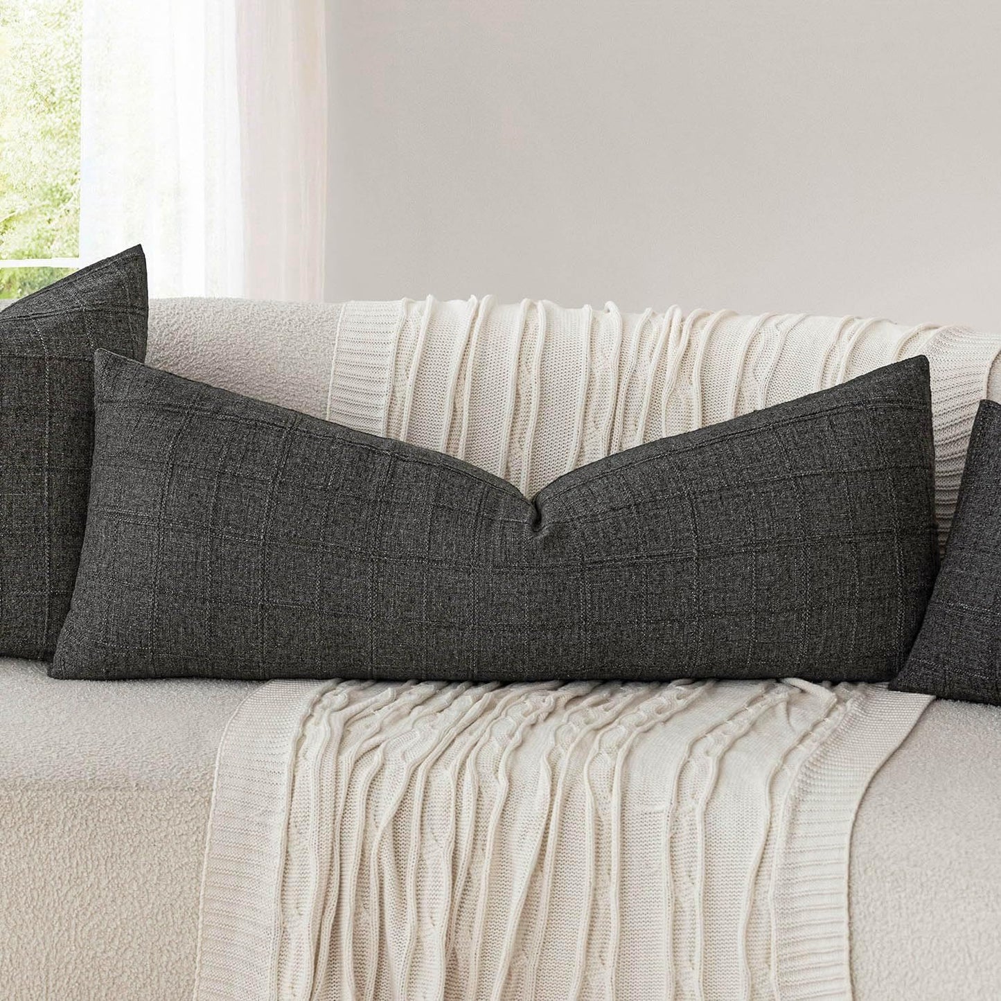 Foindtower Set of 2 Decorative Linen Check Throw Pillow Covers Neutral Long Body Lumbar Cushion Covers Farmhouse Vintage Home Decor for Sofa Chair Couch Bedroom Living Room,14×36 Inch,Charcoal