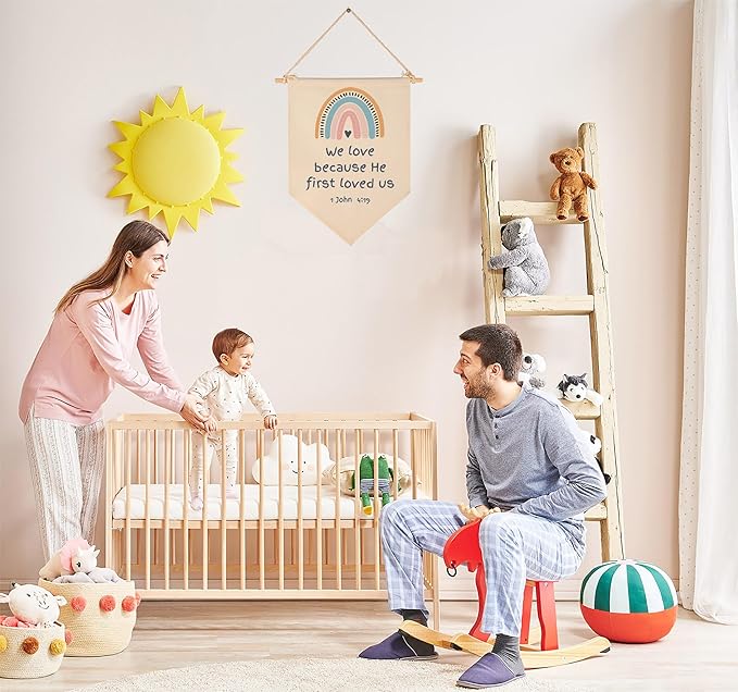 We Love Because He First-Scripture-Kids Memory Bible Verse -Flag Decor Gifts for Boys Girls Baby Newborn -Banner Wall Sign Gifts for Nursery Baby Room Playroom Bedroom Front Door