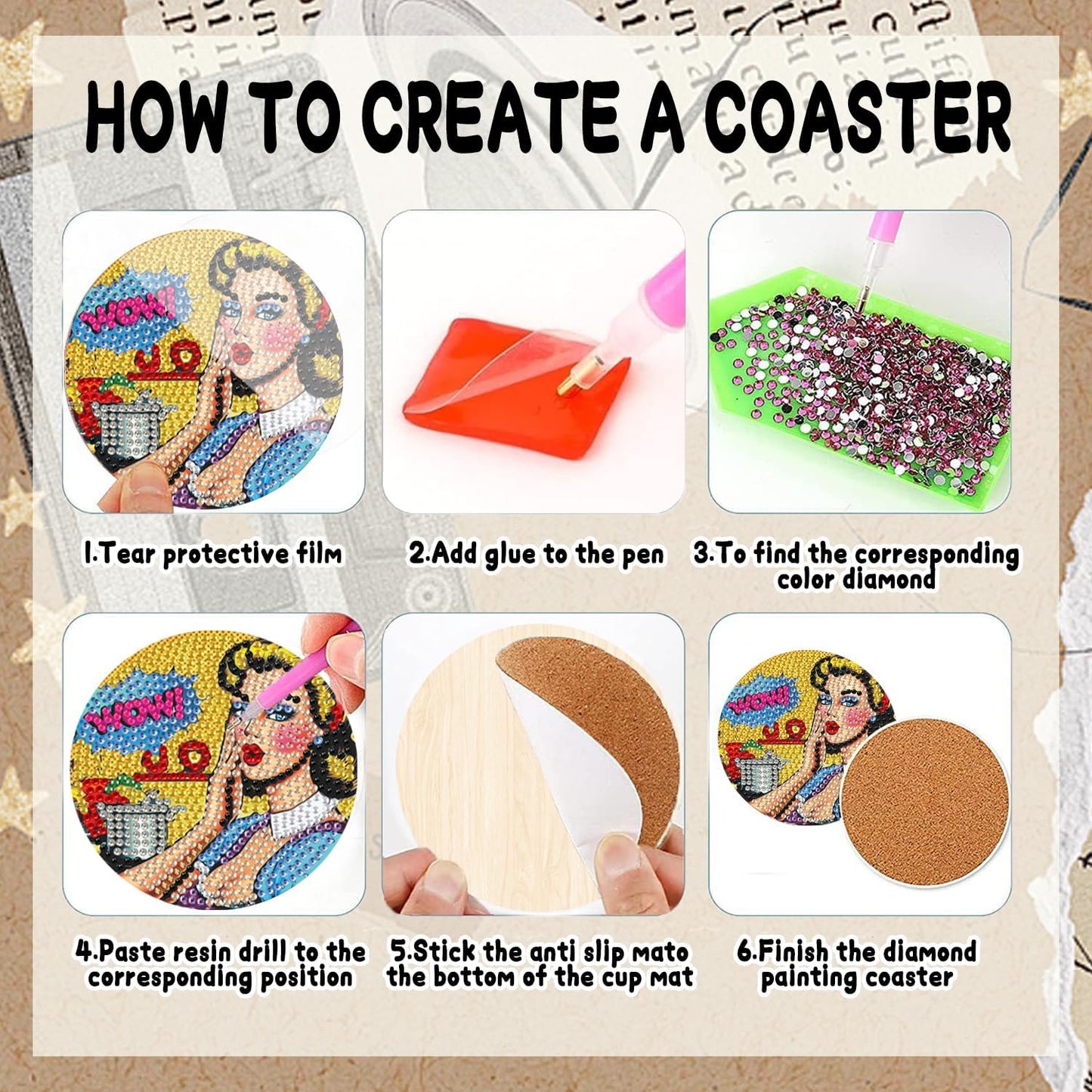 DOZEEZOP 8 PCS Diamond Art Coasters Kit, 5D Diamond Painting Coasters with Holder, Fall Small Diamond Art Kits for Adults Beginners, Diamond Dots Arts and Crafts Supplies Retro