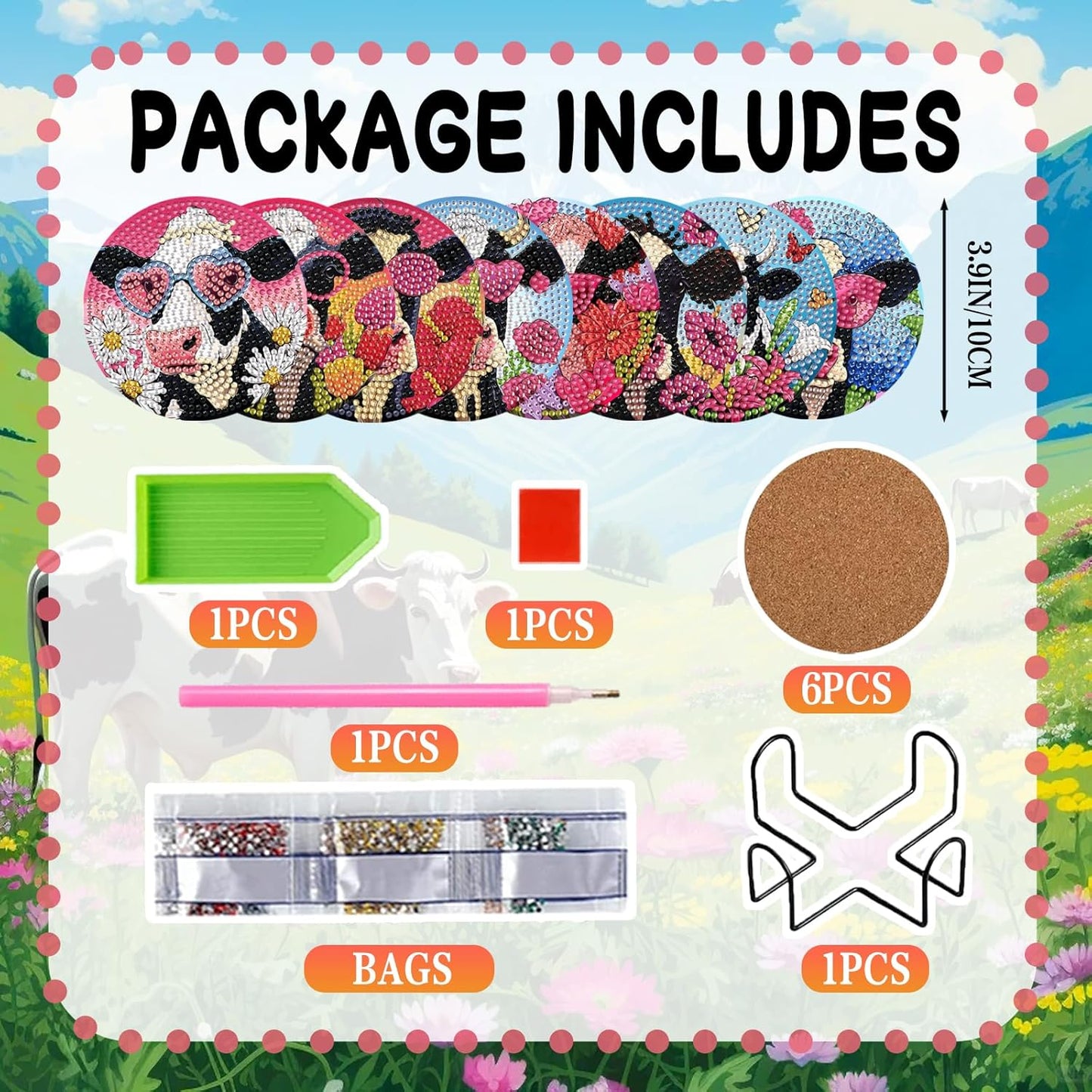 DOZEEZOP 8 PCS Diamond Art Coasters Kit, 5D Diamond Painting Coasters with Holder, Fall Small Diamond Art Kits for Adults Beginners, Diamond Dots Arts and Crafts Supplies Cow