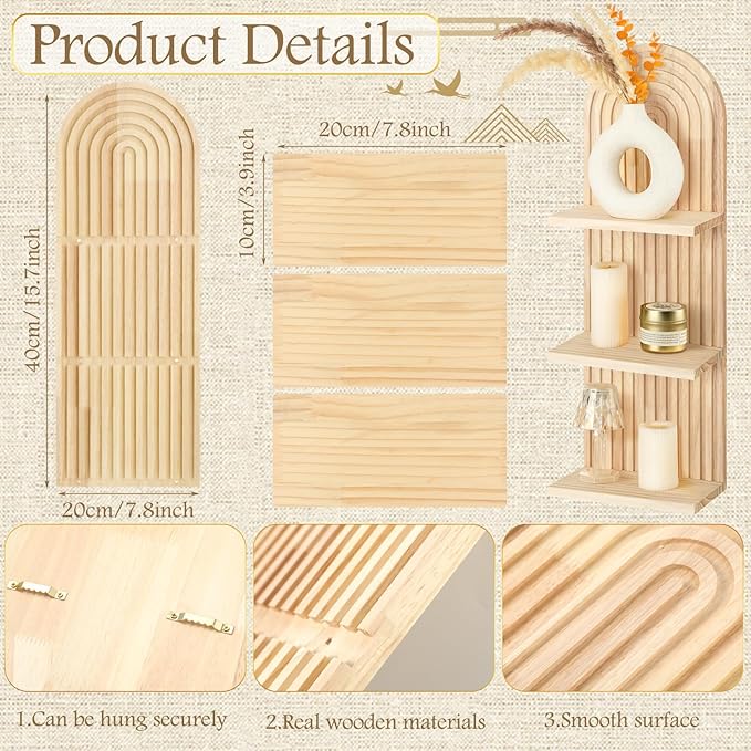 Geetery 2 Pcs Arch Wood Floating Shelf Mid Century Rainbow Wall Shelves Modern Boho Wall Shelf Retro Mounted Wood Arch Decor for Bedroom Living Room Classroom Bathroom Display(3 Tier)