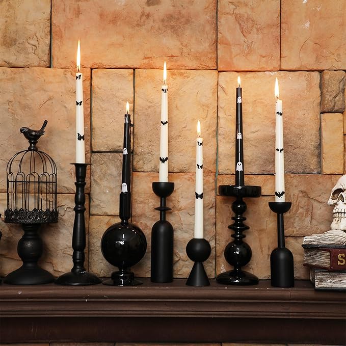 6 Pcs Taper Candles 10 Inch Candle Sticks for Bachelorette Bridal Wedding Party Baby Shower Table Cake Decor(Butterfly Bat and Ghost,10 Inch,Black and White)