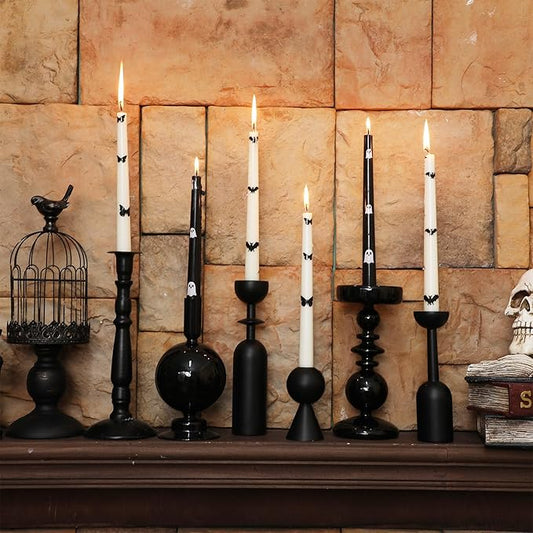 6 Pcs Taper Candles 10 Inch Candle Sticks for Bachelorette Bridal Wedding Party Baby Shower Table Cake Decor(Butterfly Bat and Ghost,10 Inch,Black and White)