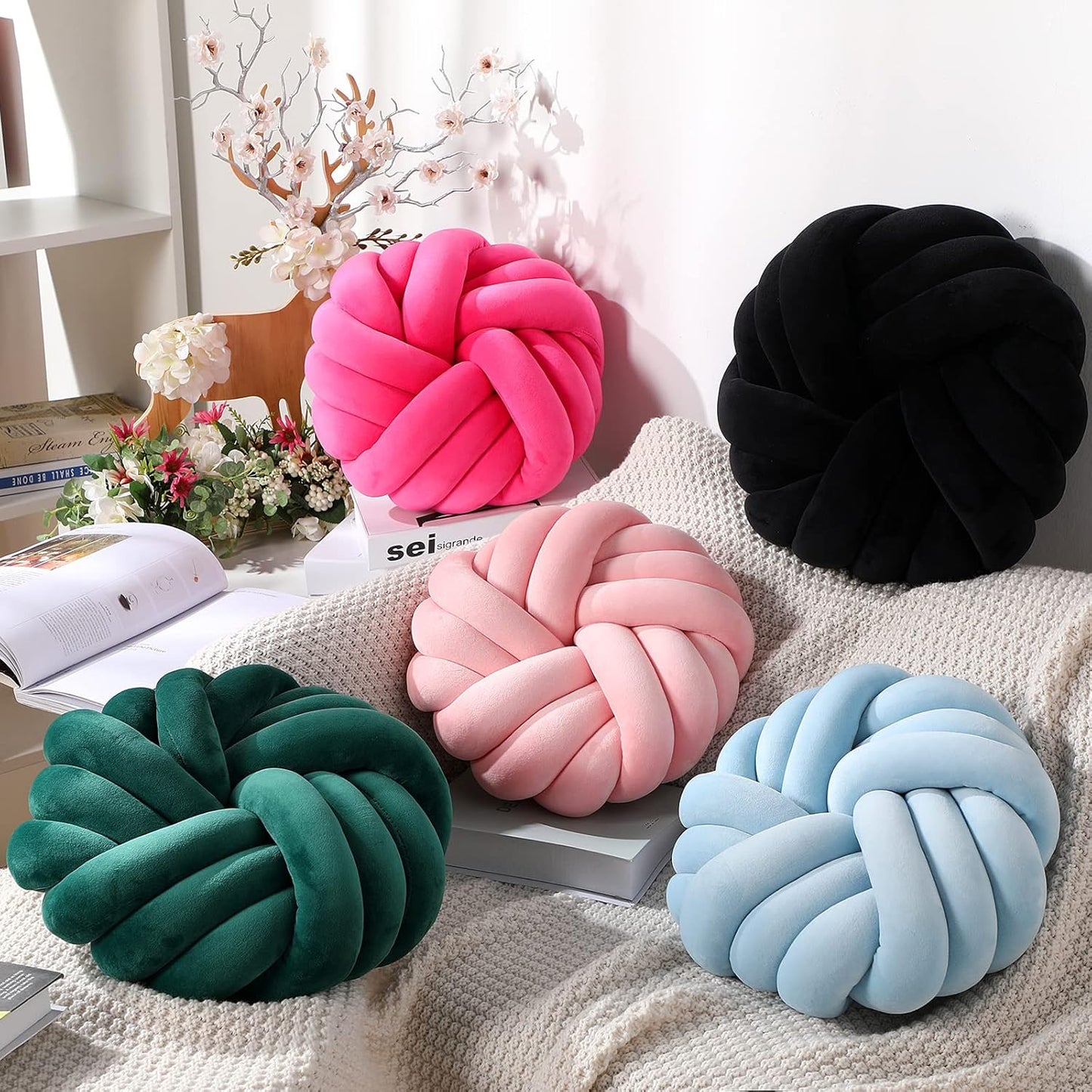 Fumete 2 Pcs 14 Inches Knot Pillow Round Throw Soft Plush Knot Ball Pillow Handmade Knotted Modern Home Decorative Cushion for Bed Bedroom, Sofa, Couch (Green)