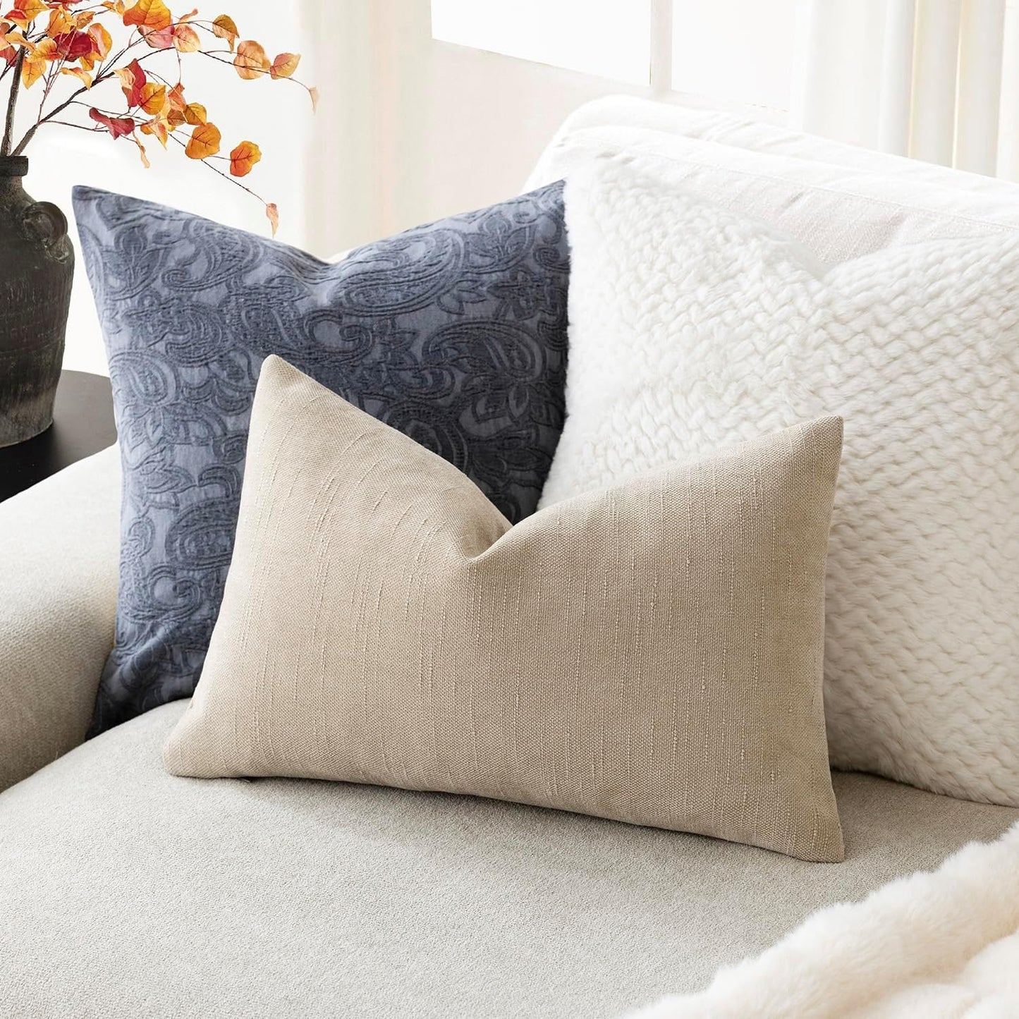 Foindtower Pack of 2 Soft Textured Throw Decorative Pillow Covers Lumbar Accent Solid Cushion Cover Cozy Neutral Farmhouse Pillow Case for Couch Sofa Bedroom Living Room 12x20 Inch, Beige