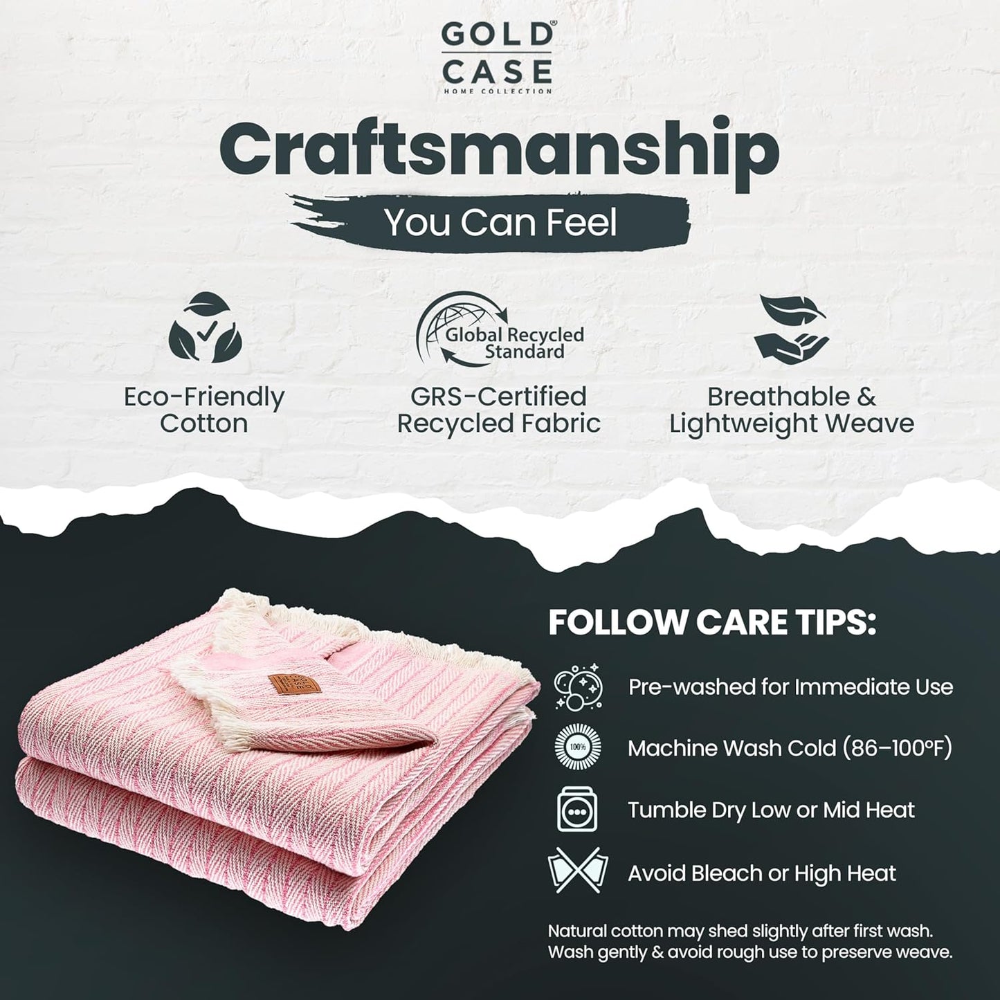 Gold Case Throw Blanket for Couch - 100% Recycled Turkish Cotton Blankets & Throws - Vintage Soft Throw Blankets for Living Room - Boho Decorative Woven Couch Blanket - 50x60 - Pink (Set of 2)