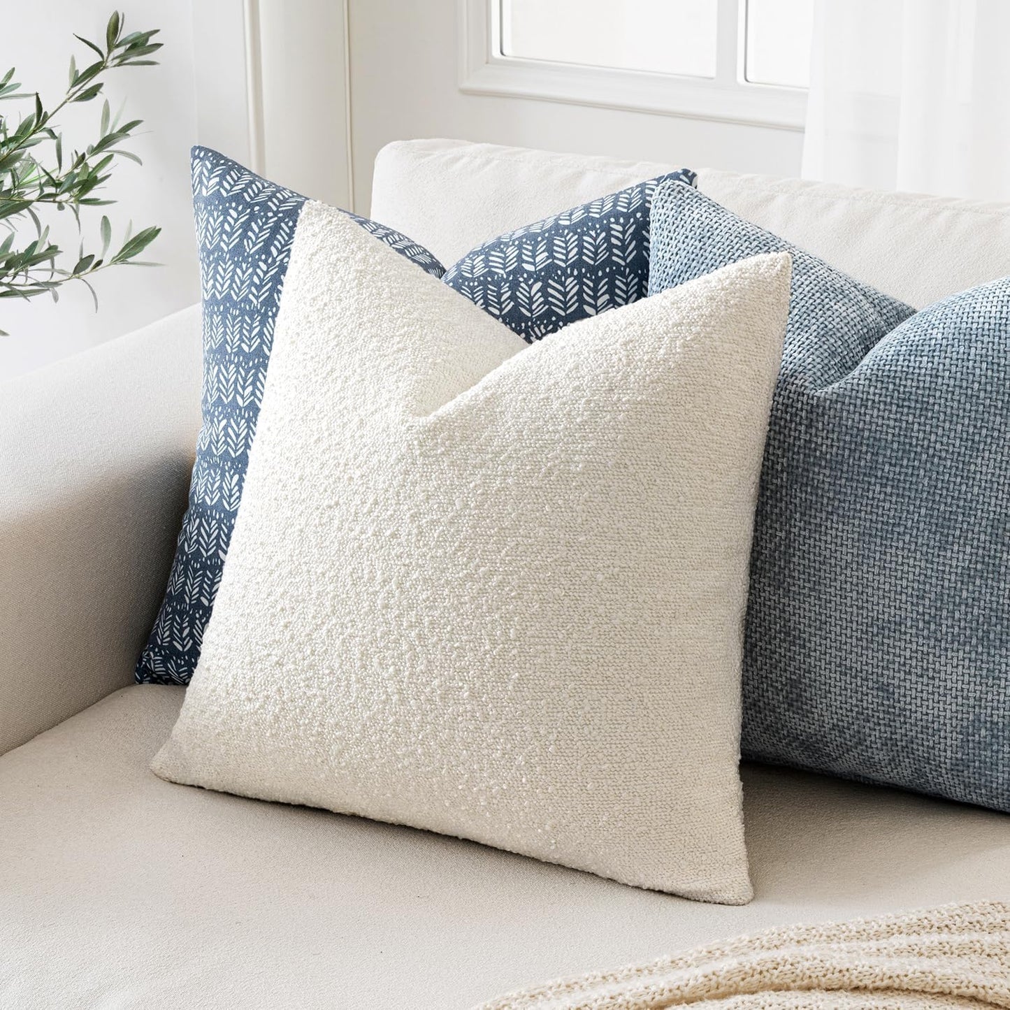 MIULEE 24x24 Decorative Euro Sham Throw Pillows for Bed Set of 2 Textured Boucle Neutral Winter Throw Pillow Covers White Accent Solid Couch Pillowcases Sofa Livingroom Home Decor