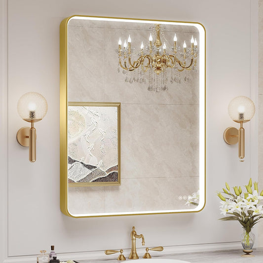 LED Mirror for Bathroom 28X36 Inch Gold Framed with Anti-Fog, Stepless Dimmable, Front Lit, LED Bathroom Vanity Mirror for Wall, Memory Function, Shatter-Proof