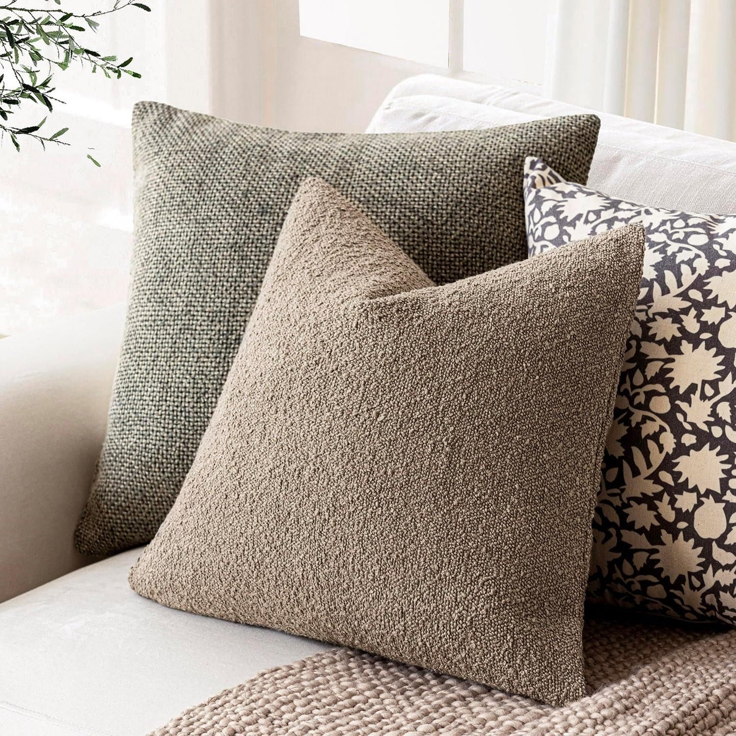 Foindtower Set of 2, Decorative Textured Boucle Throw Pillow Covers Accent Solid Pillow Cases Neutral Cozy Couch Cushion Case for Chair Sofa Bedroom Living Room Home Decor 26x26 Inch Light Khaki Tan