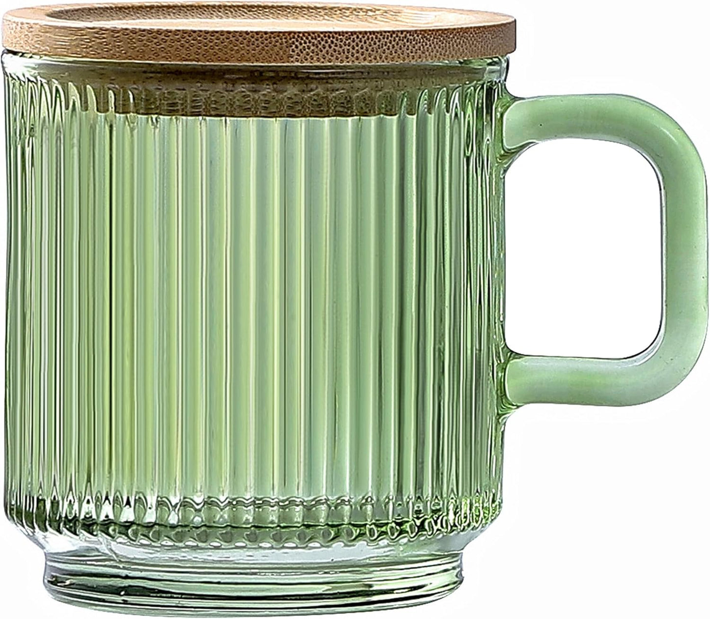 Lysenn Glass Coffee Mug with Lid - Premium Classical Vertical Stripes Glass Tea Cup - for Latte, Tea, Chocolate, Juice, Water - Lead-Free - Bamboo Lid - Lime Green