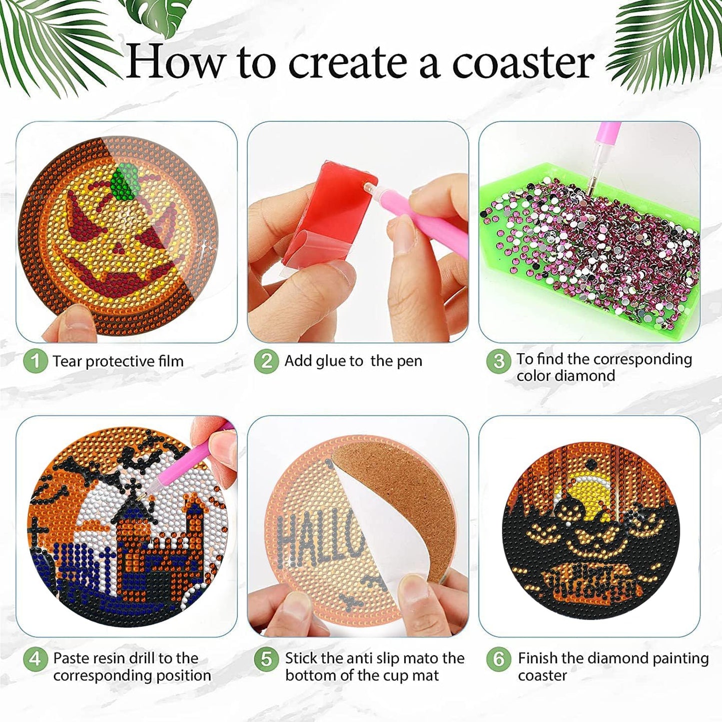 DOTSOPS 6 Pcs Halloween Diamond Art Kits for Adults Diamond Art Coasters with Holder for Adults Beginners Diamond Craft for Christmas Halloween