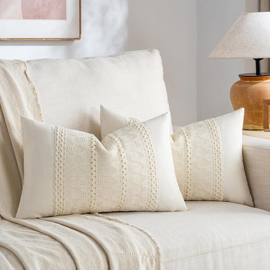 Fancy Homi Set of 2 Boho Cream Lumbar Decorative Throw Pillow Cover 12x20 Inch for Couch Bed Sofa Chair, Modern Organic Farmhouse Home Decor, Soft Cotton Cute Accent Rectangle Cushion Case