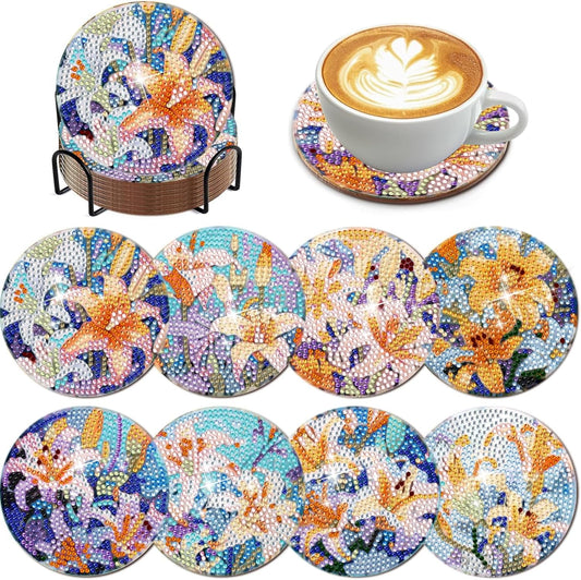 DOTSOPS 8 Pieces Flower Diamond Painting Coasters with Holder - Landscape Diamond Art Coasters with Cork Base for Beginners Adults & Craft Supplies Party