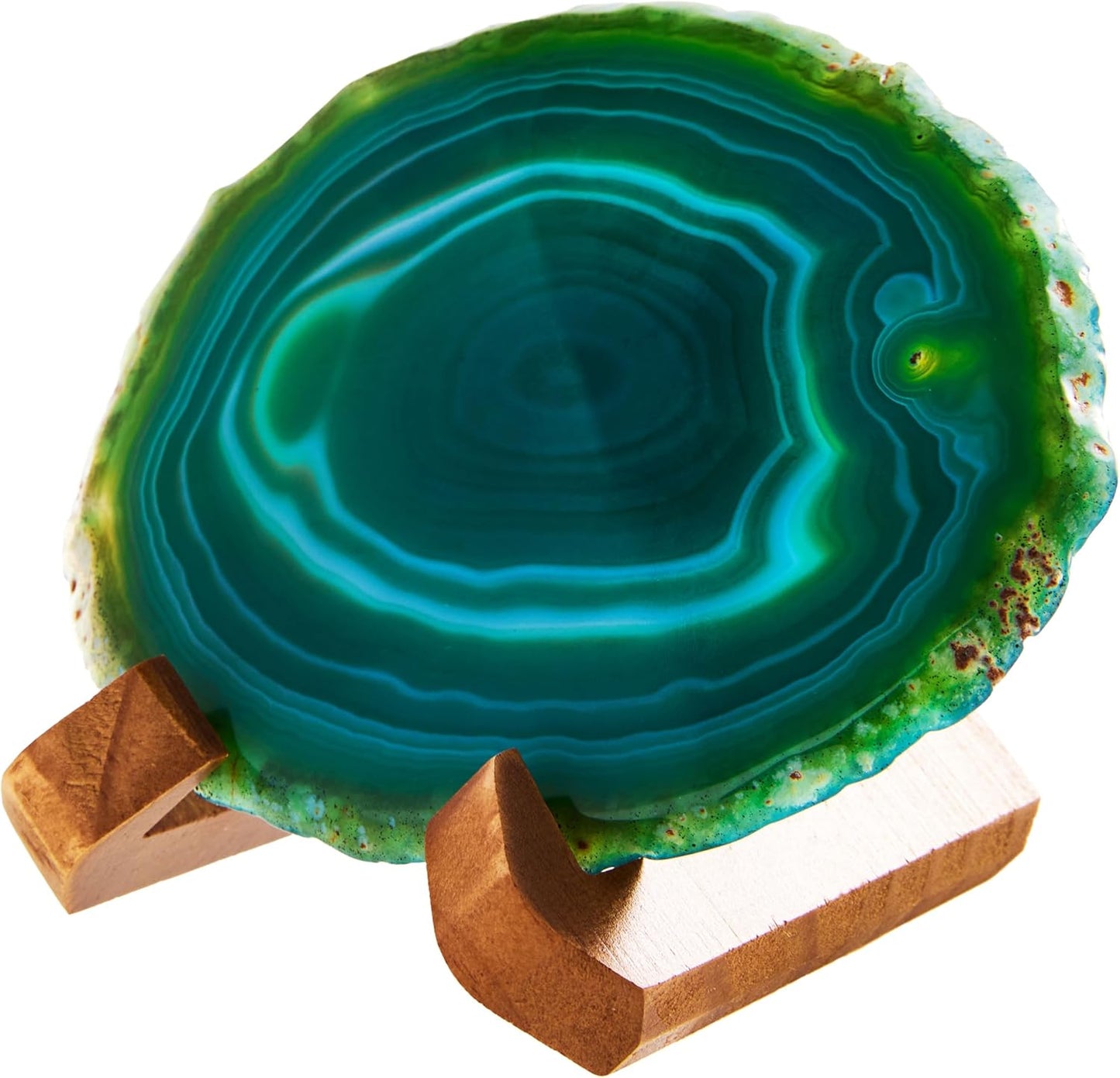 Luxury Lane Large Natural Brazilian Agate Slice Geode Rock Stone Drink Coaster with Wood Holder 4.7-5.5 inch Centerpiece Table Decoration, Emerald Green
