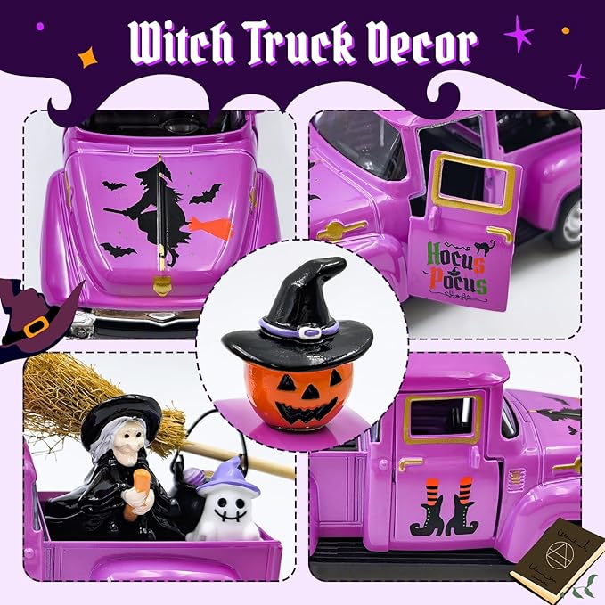 Witch Halloween Decor Indoor Vintage Metal Truck with Mini Witches Pumpkin Cauldron Ghost Figures Purple Hocus Pocus Tiered Tray Decor Halloween Witch Table Decorations for Home Kitchen Mantel Shelf