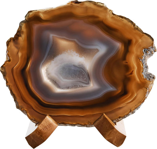 Luxury Lane Large Natural Brazilian Agate Slice Geode Rock Stone Drink Coaster with Wood Holder 4.7-5.5 inch Centerpiece Table Decoration, Ash Gray