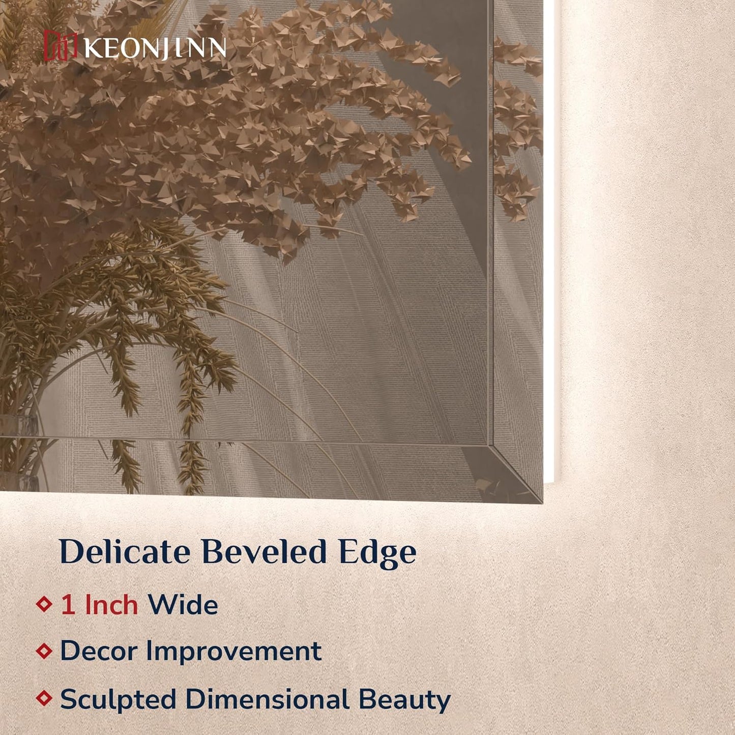 Keonjinn 48 x 36 Inch Large LED Bathroom Mirror with Backlight, Backlit Mirror with Beveled Edge, Safe Tempered Glass, UL-Listed Power Driver, 3 Color Lights, Safe Defogging, Memory Function