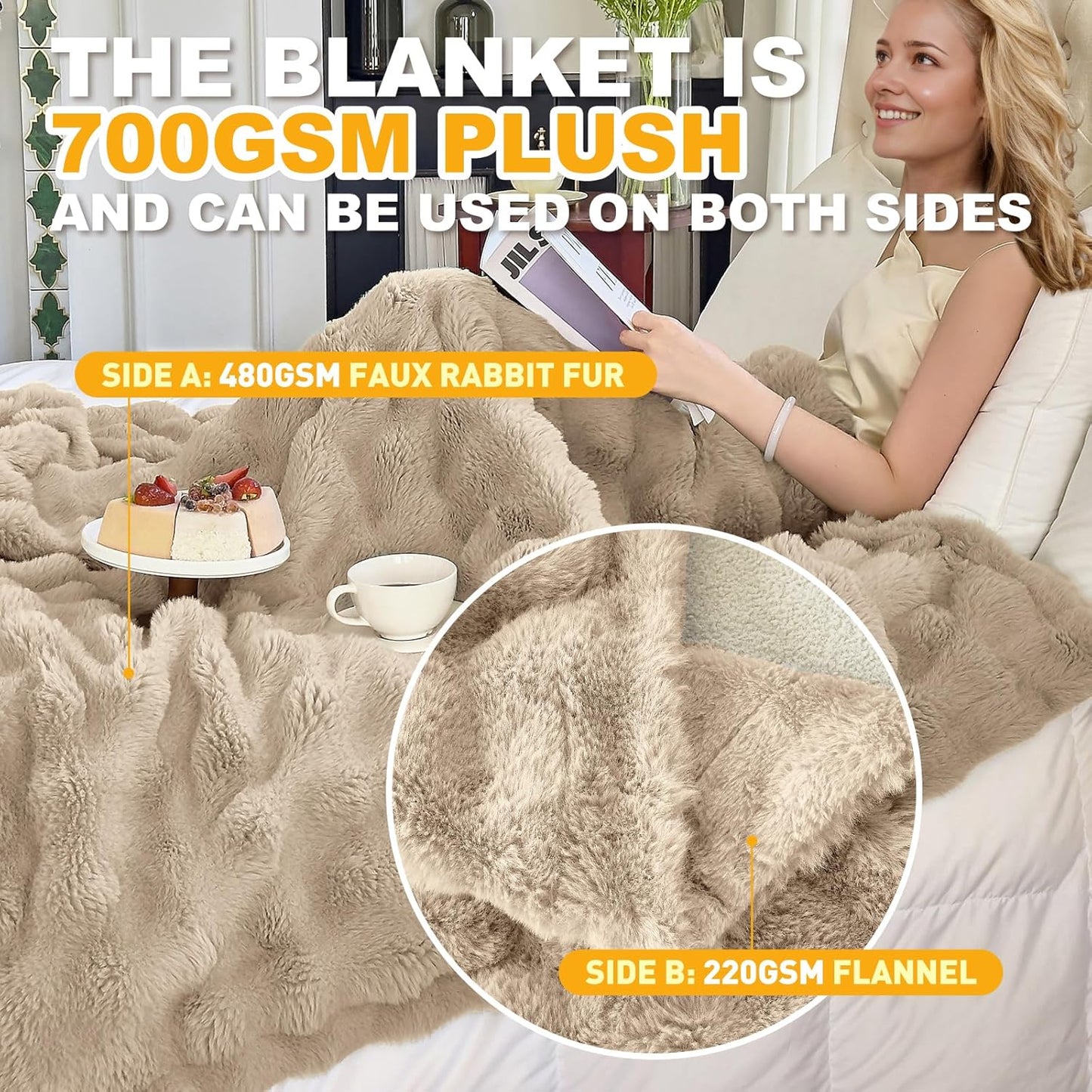 Faux Fur Light Camel Throw Blanket for Couch - Super Soft Heavy Flufyy Thick Bubble Throw Blankets for Bed Bedroom Living Room Farmhouse Sofa Chair Fall Winter Warm, 50x60 Inch