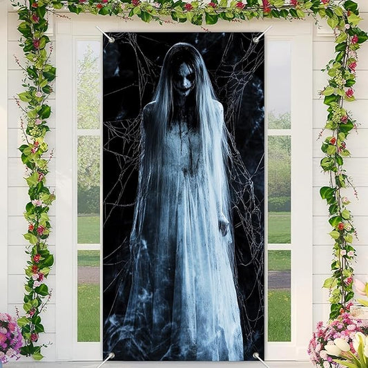 Halloween Door Cover 71x35 Inch Front Porch Door Banners Decoration Spooky Ghost Spider Web Fall