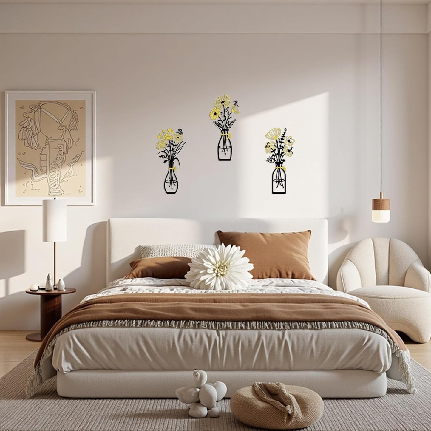 Iron Metal Vase Flower Wall Art Set of 3 - Minimalist Black Floral Decor for Living Room Bedroom Kitchen, Office Garden - Modern Farmhouse Home Decor & Housewarming Gifts (Black-Golden)