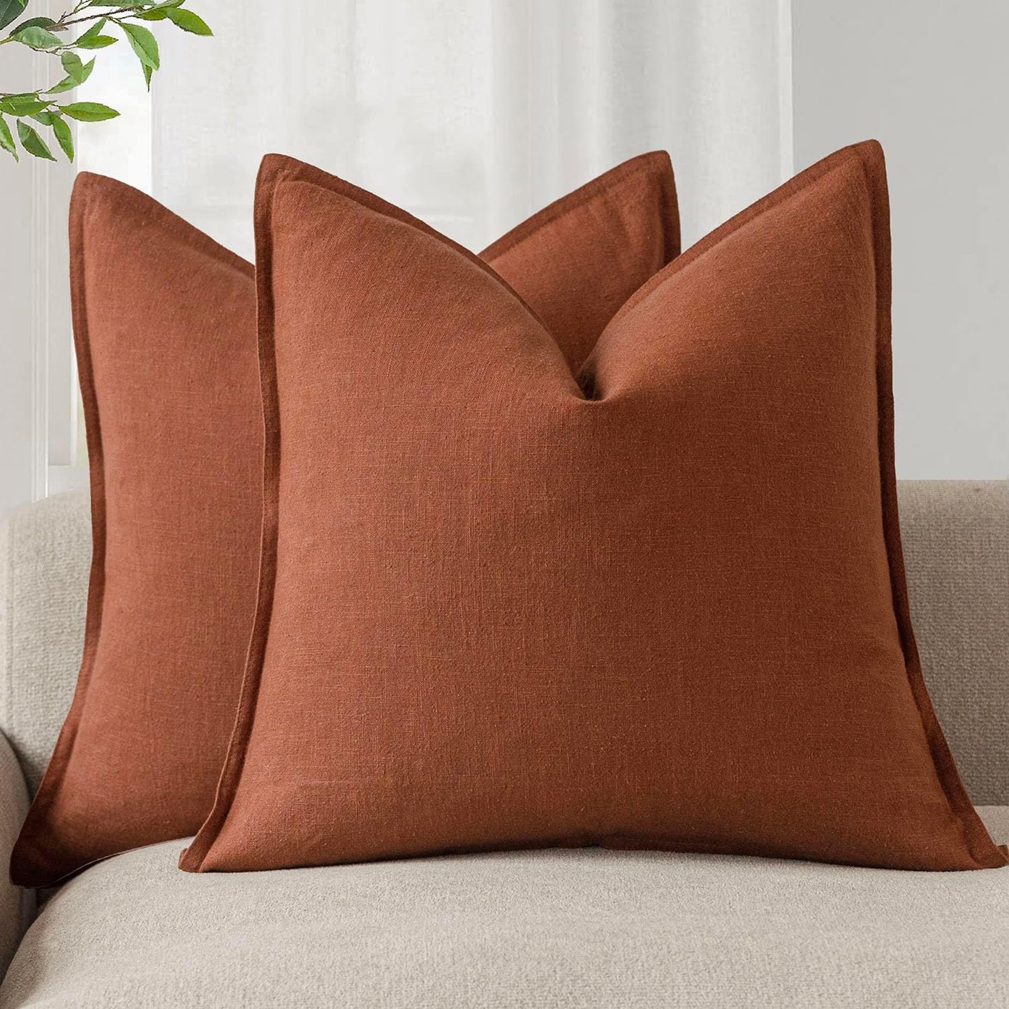 Foindtower Pack of 2, Decorative Linen Soild Throw Pillow Covers Soft Accent Cushion Case Farmhouse Neutral Pillowcase for Chair Couch Sofa Bedroom Living Room Home Decor 20 x 20 Inch Fall Rust Orange