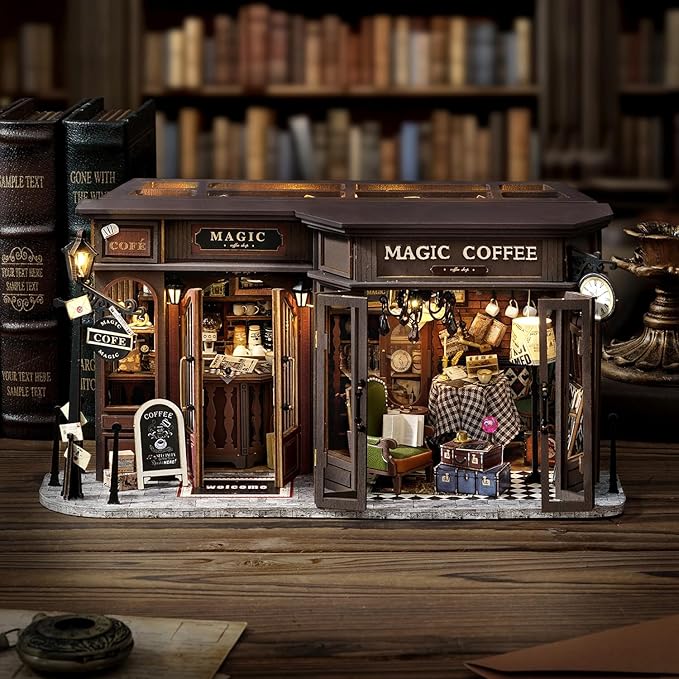 TuKIIE DIY Miniature Dollhouse Kit with Furniture, 1:24 Scale Creative Room Opened & Closed Wooden Doll House Plus Dust Proof for Kids Teens Adults(Vintage Coffee Shop)