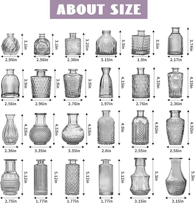 Dark Gray Bud Vases Set, 24 Pcs Vintage Small Vases for Flowers, Clear Crystal Mini Glasses in Bulk, Small Flower Design for Centerpieces Wedding Home Flower Party Decor