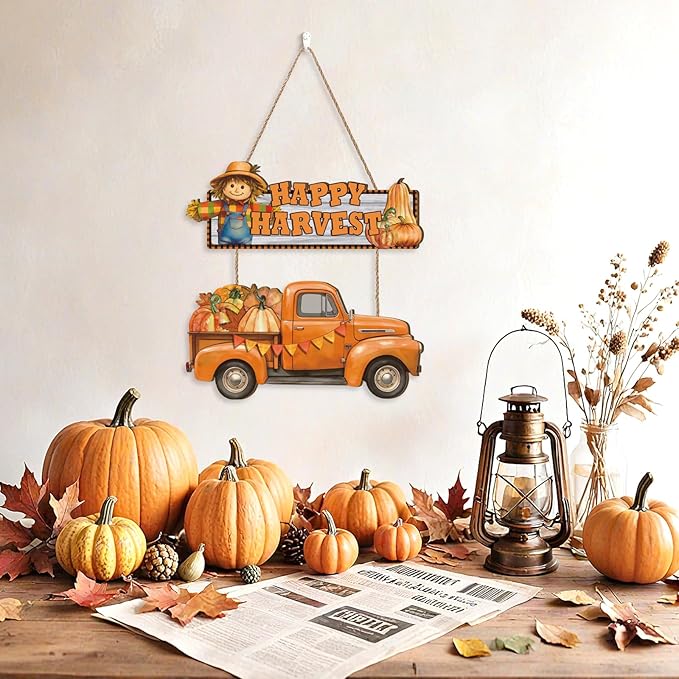 Happy Harvest Door Sign,Happy Thanksgiving Wooden Sign,Fall Truck Decor,Autumn Harvest Wall Plaque,Scarecrow Wall Hanging Sign,Pumpkin Front Door Hanger for Farmhouse Home Indoor Outdoor Yard