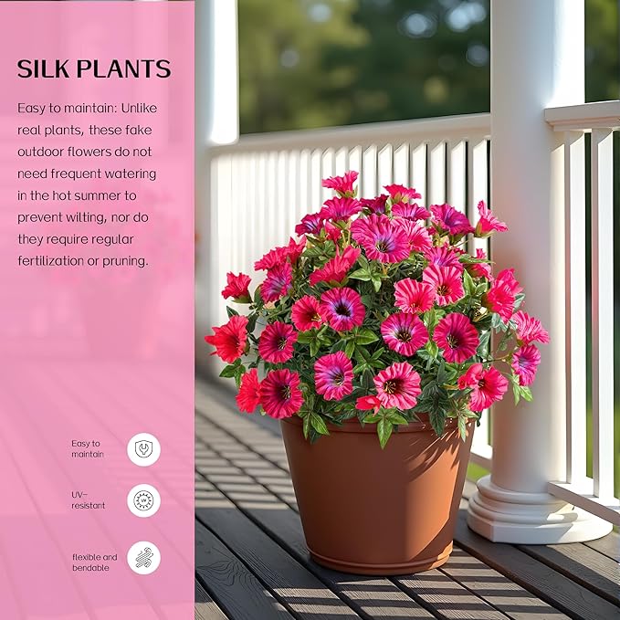 4 Pcs UV Resistant Artificial Petunias Fake Flowers Artificial Flowers for Outdoors Silk Flowers Fake Hanging Basket Plants Suitable for Outdoor Porch Decoration patio Decor 13.3In (Rose red)