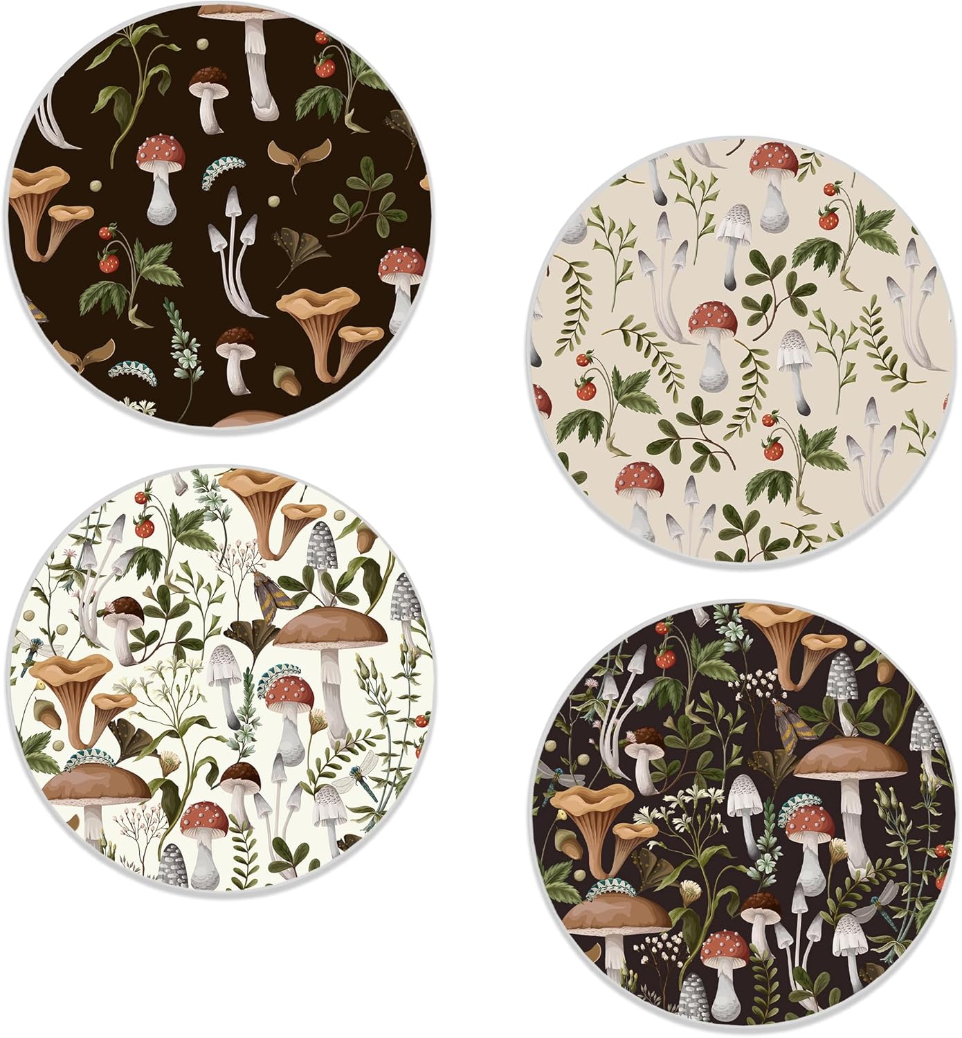 Coasters Set of 4, Mushroom Weeds Round 4" Ceramic & Cork Coasters, Absorbent, Ideal for Table Home Decor, Gifts for Women Men