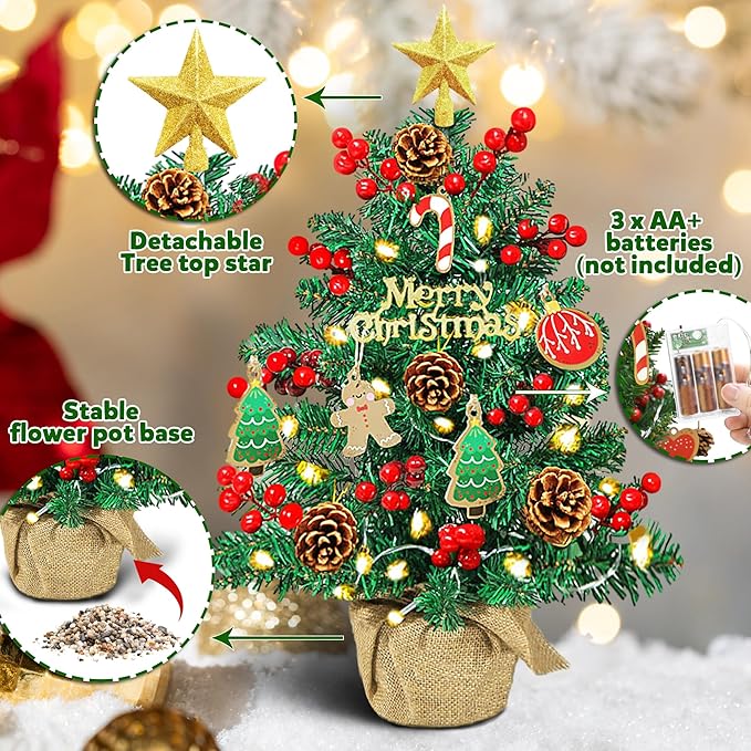 2FT Tabletop Mini Christmas Tree, 24 Inch Small Artificial Christmas Tree with Warm LED Lights, Star Treetop, DIY Ornaments, New Xmas Pine Tree Decoration for Kid Friend Family Holiday Home Office