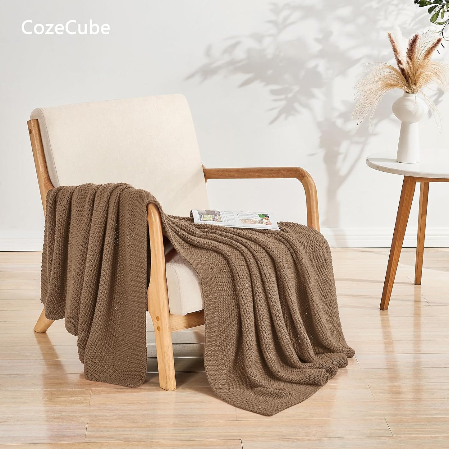 CozeCube Caramel Brown Throw Blanket for Couch, Soft Cozy Cable Knit Throw for Bed Sofa Living Room, Lightweight Warm Decorative Farmhouse Christmas Blanket, 60"x80", Light Brown